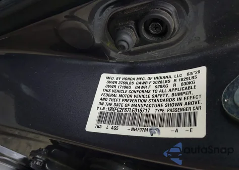 2020 Honda Civic Lx из США, поврежденный, VIN 19XFC2F67LE016717